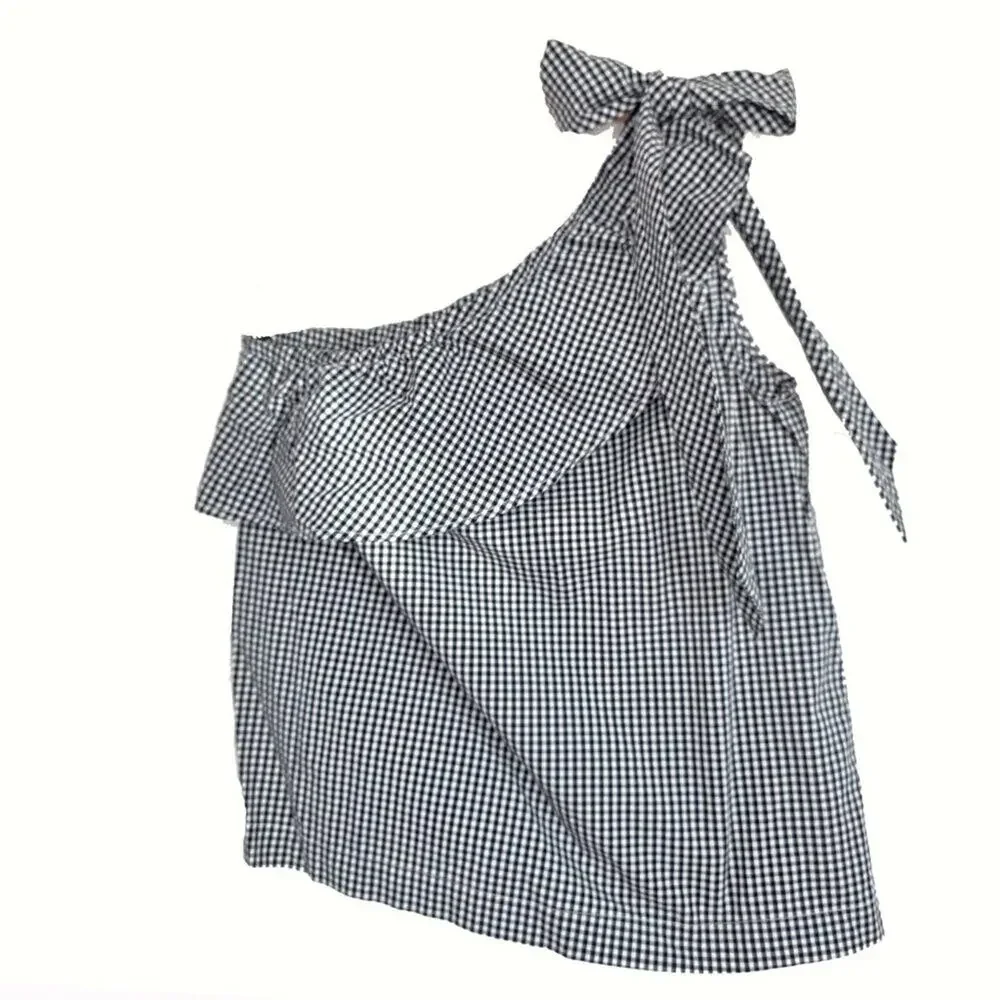 Vineyard Vines Gingham Black & White One Shoulder Bow Top Size 6, Preppy,Coastal